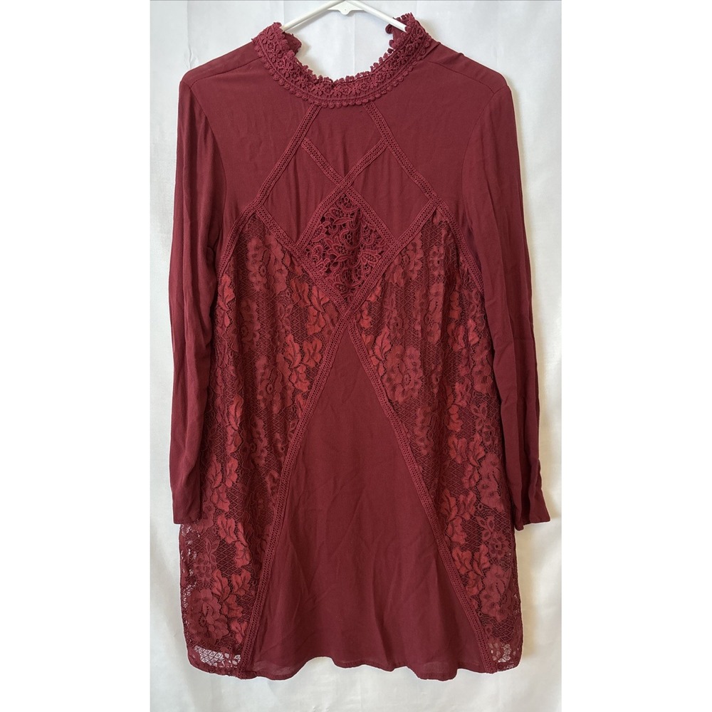 Women's‎ Exhilaration Lace Burgundy Mini dress with High Neck Long Sleeve S